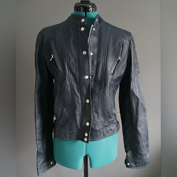NWOT Dolce Gabbana Dark BlueGenuine Leather Motor Jacket Size 44